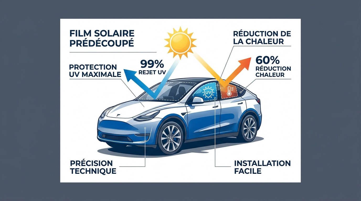 Pose d'un film solaire prédécoupé sur une vitre latérale de voiture pour une protection thermique optimale